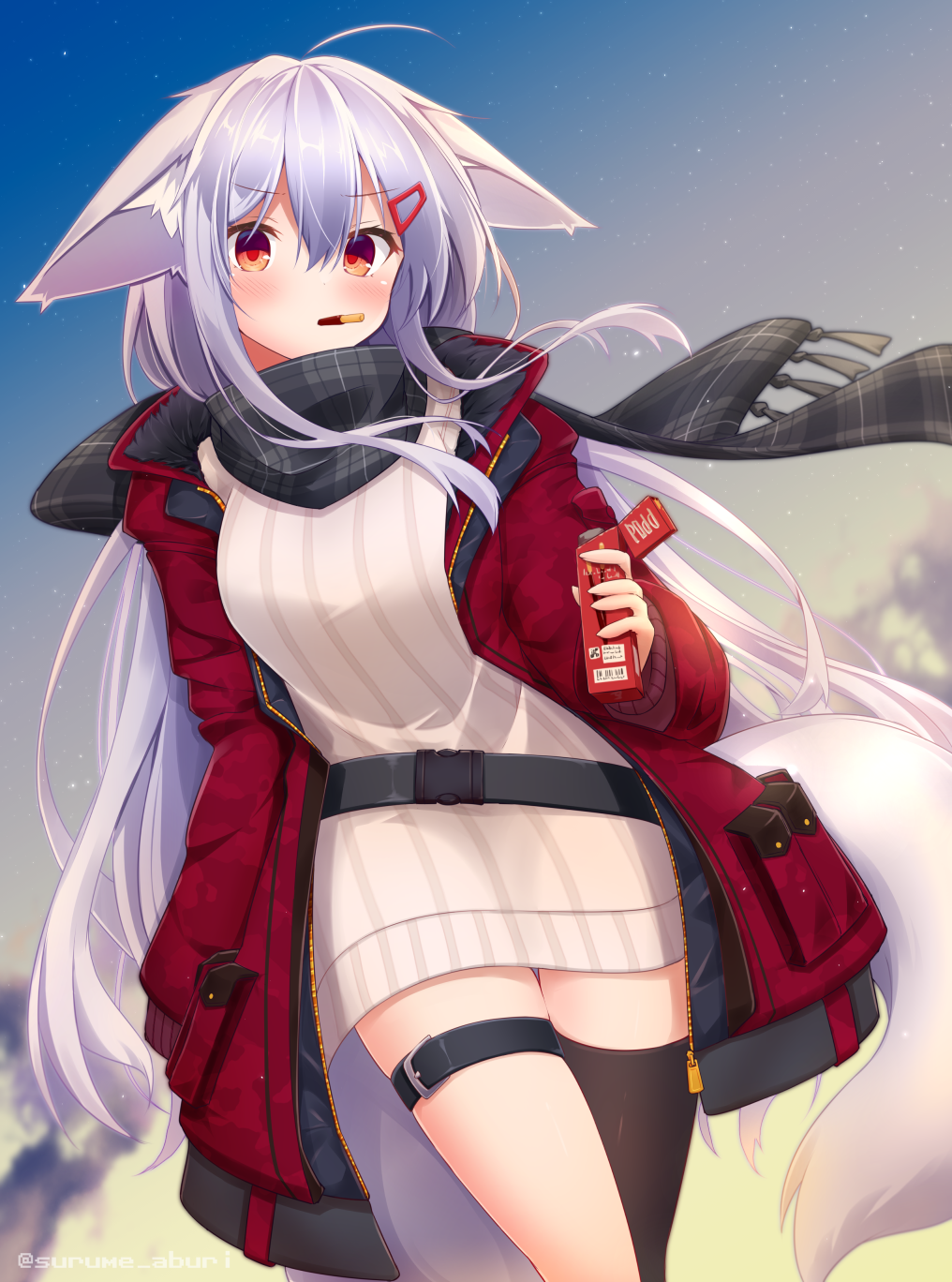 1girl, animal_ear_fluff, animal_ears, black_thighhighs, blush, breasts, cloud, food, food_in_mouth, fox_ears, fox_girl, fox_tail, fringe_trim, grey_scarf, hair_between_eyes, hair_ornament, hairclip, highres, jacket, long_hair, long_sleeves, looking_at_viewer, medium_breasts, mouth_hold, open_clothes, open_jacket, original, outdoors, plaid_clothes, plaid_scarf, pocky, red_eyes, red_jacket, ribbed_sweater, scarf, shirogane_kasane, silver_hair, single_thighhigh, sky, sleeves_past_fingers, sleeves_past_wrists, solo, star_(sky), starry_sky, sunset, surume_aburi, sweater, tail, thighhighs, twitter_username, very_long_hair, white_sweater