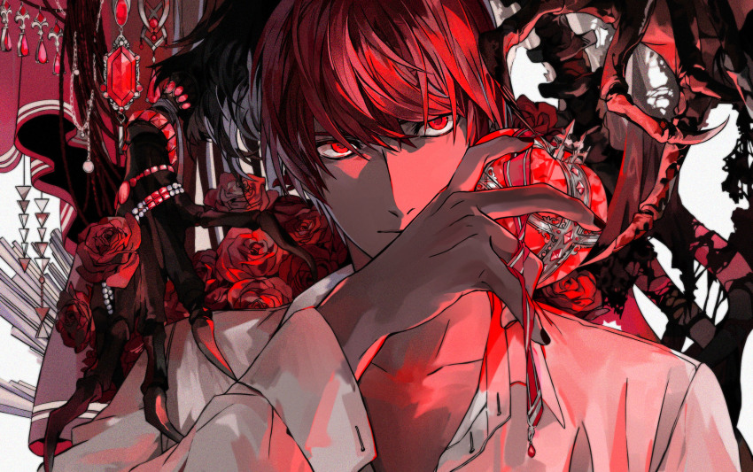 1boy, bad_id, bad_pixiv_id, black_nails, death_note, flower, glowing, glowing_eyes
