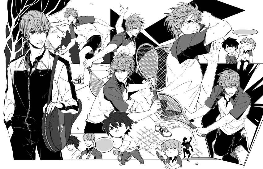 absurdres, bad_id, bad_pixiv_id, bags_under_eyes, ball, chibi, death_note, greyscale