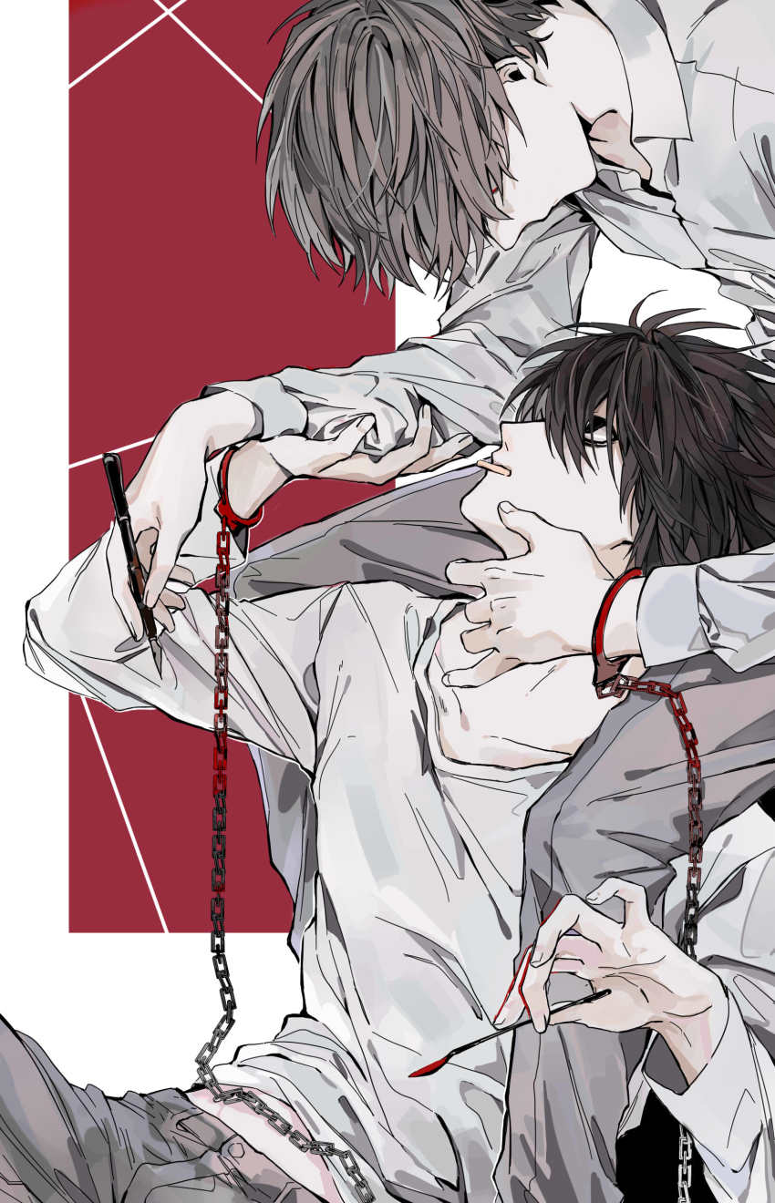2boys, absurdres, bad_id, bad_pixiv_id, bags_under_eyes, black_hair, brown_hair, chained_wrists, cradling_head, cuffs, death_note, hair_over_eyes, handcuffs, highres, holding, holding_pen, holding_spoon, l_(death_note), looking_down, male_focus, mouth_hold, multiple_boys, nib_pen_(object), nigelungdayo, pen, spoon, yagami_light, yaoi