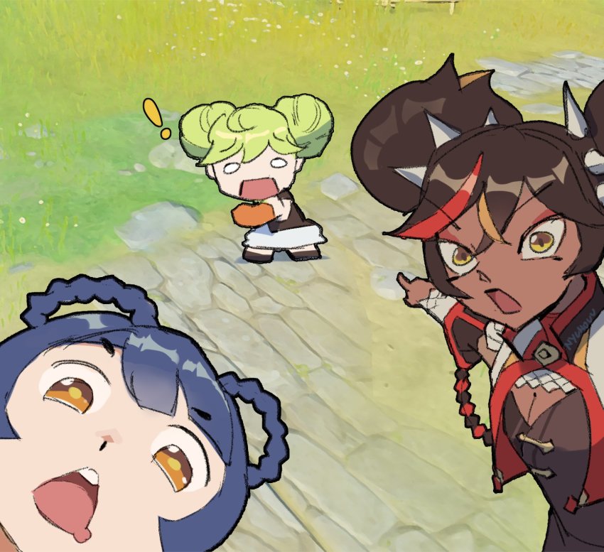 !, 3girls, ai-chan_(honkai_impact), artist_name, blue_hair, braid, brown_hair, creator_connection, crossover, dark-skinned_female, dark_skin, dress, eyeshadow, genshin_impact, green_hair, highres, honkai_(series), honkai_impact_3rd, kotori_photobomb, makeup, meme, mihoyo, multicolored_hair, multiple_girls, nycnouu, open_mouth, pointing, pointing_backward, short_hair, short_twintails, spiked_hair, streaked_hair, surprised, twintails, two_soyjaks_pointing_(meme), xiangling_(genshin_impact), xinyan_(genshin_impact), yellow_eyes