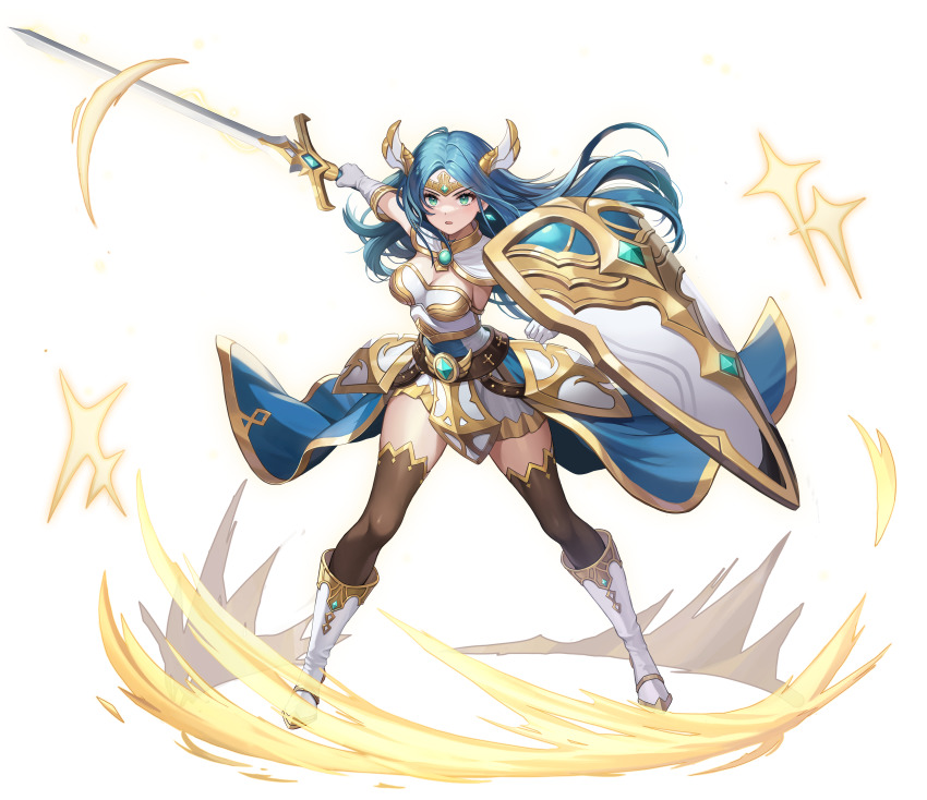 1girl, absurdres, armor, armored_dress, black_legwear, blue_hair, boots, breasts, dress, game_cg, gloves, green_eyes, guardian_tales, highres, holding, holding_sword, holding_weapon, legendary_hero_erina, long_hair, looking_at_viewer, medium_breasts, official_art, open_mouth, shield, solo, sword, tiara, transparent_background, weapon, white_gloves