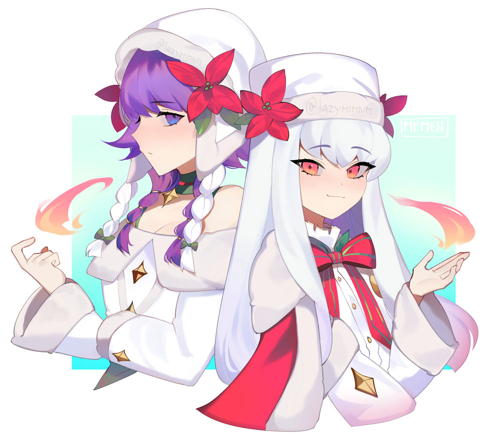 2girls, alternate_costume, bare_shoulders, bow, bowtie, buttons, cape, christmas