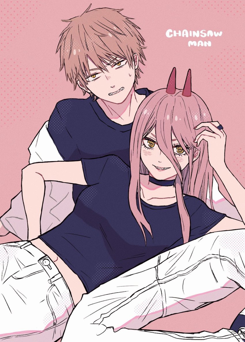 +_+, 1boy, 1girl, black_choker, black_shirt, blush, breasts, chainsaw_man