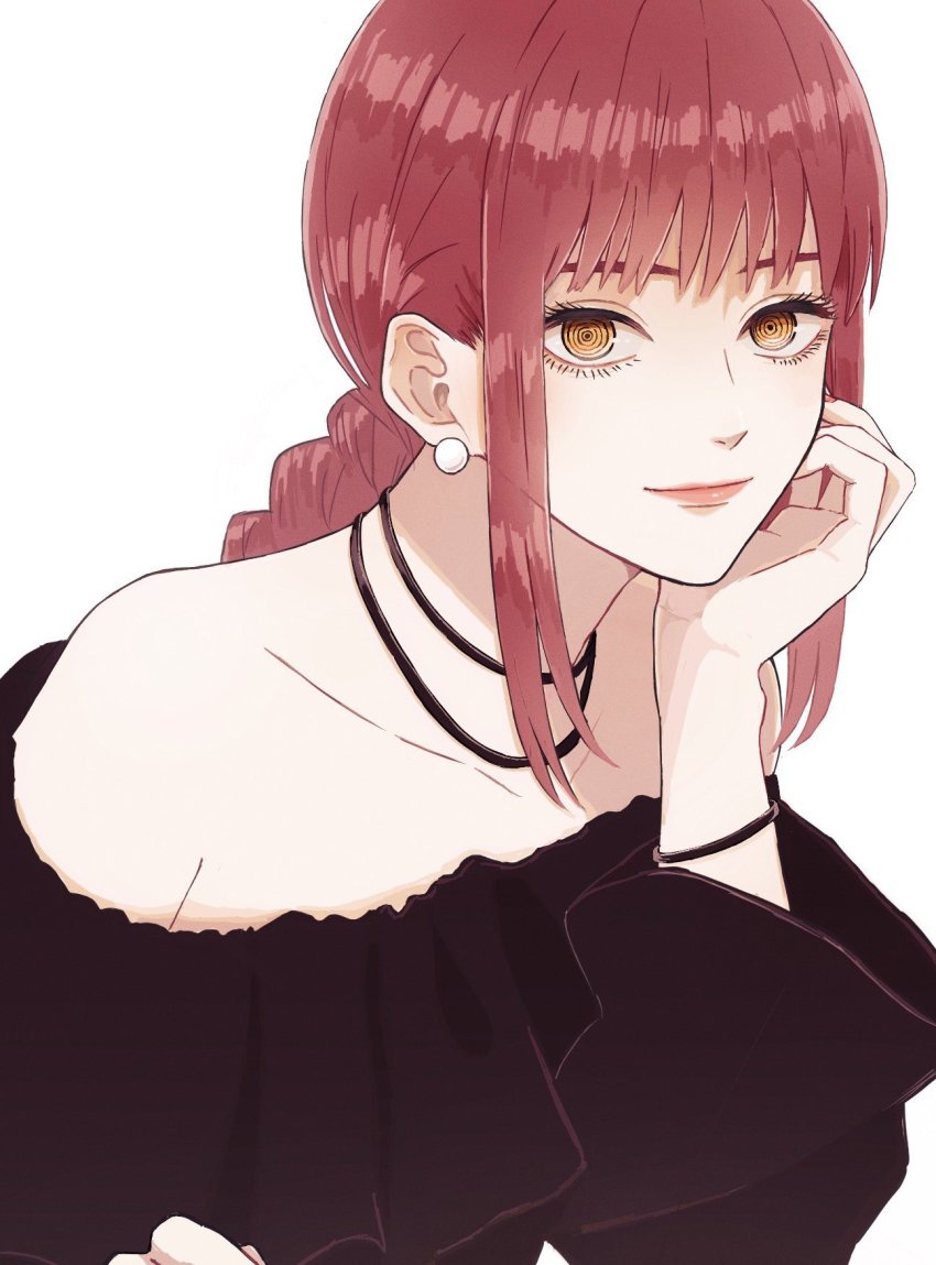 1girl, black_dress, braid, braided_ponytail, chainsaw_man, closed_mouth, commentary, dress