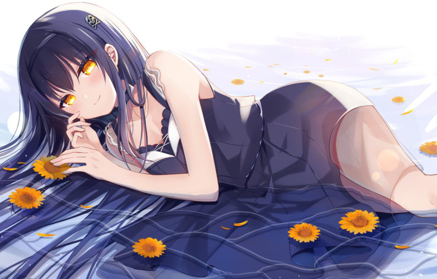 1girl, blue_dress, blue_hair, dark_blue_clothes, dark_blue_hair, dress, hair_ornament, kushima_kamome, lying, on_side, skull_and_crossbones, skull_hair_ornament, smile, solo, summer_pockets, tagme, water, wet, wet_clothes, wet_hair, yellow_eyes, yutori_z71