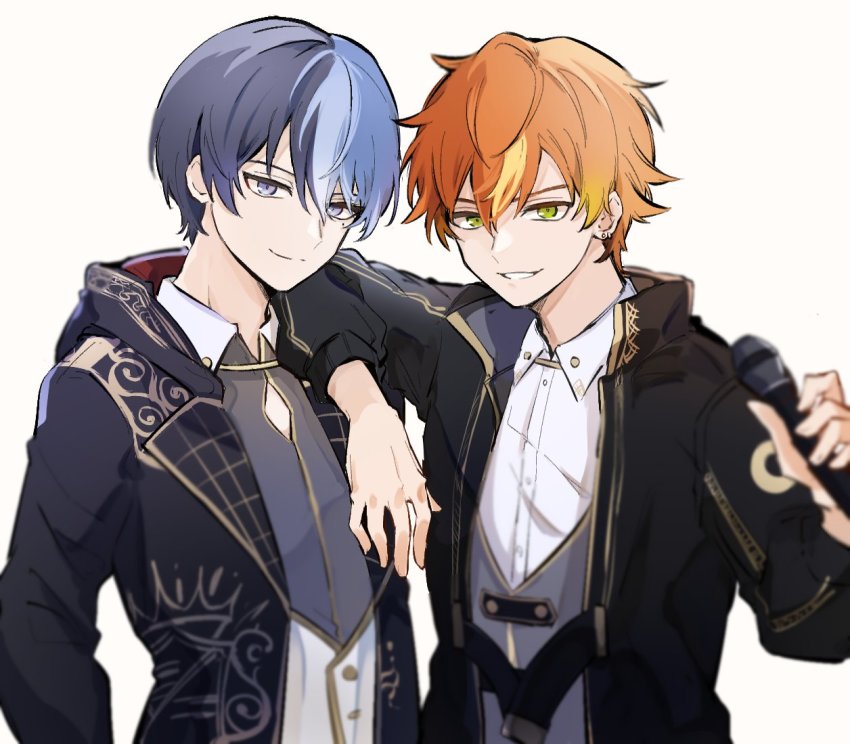 2boys, aoyagi_touya, arm_on_another's_shoulder, blue_eyes, blue_hair, dark_blue_hair, green_eyes, holding