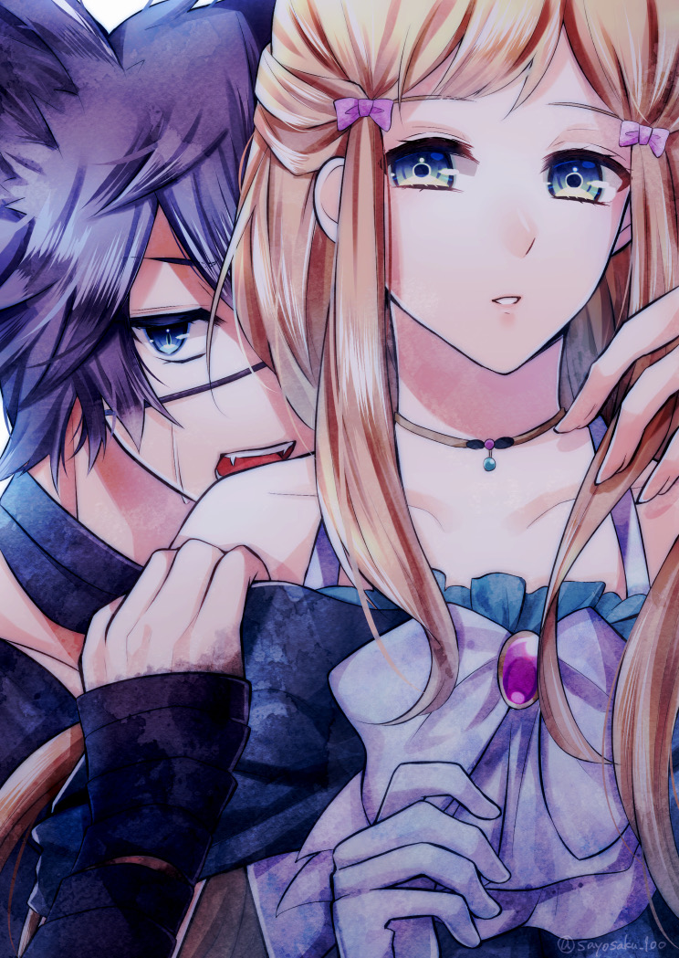 1boy, 1girl, animal_ears, black_choker, black_wolves_saga, blonde_hair, bow, brooch