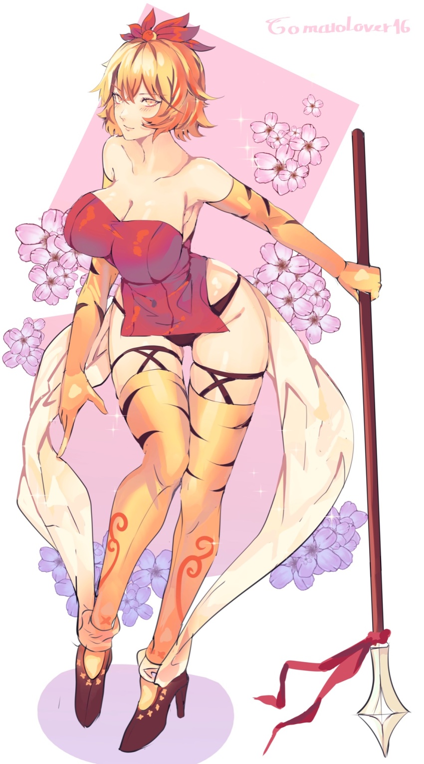 1girl, alternate_costume, armpit_crease, artist_name, bare_shoulders, bishamonten's_spear, black_hair, black_panties