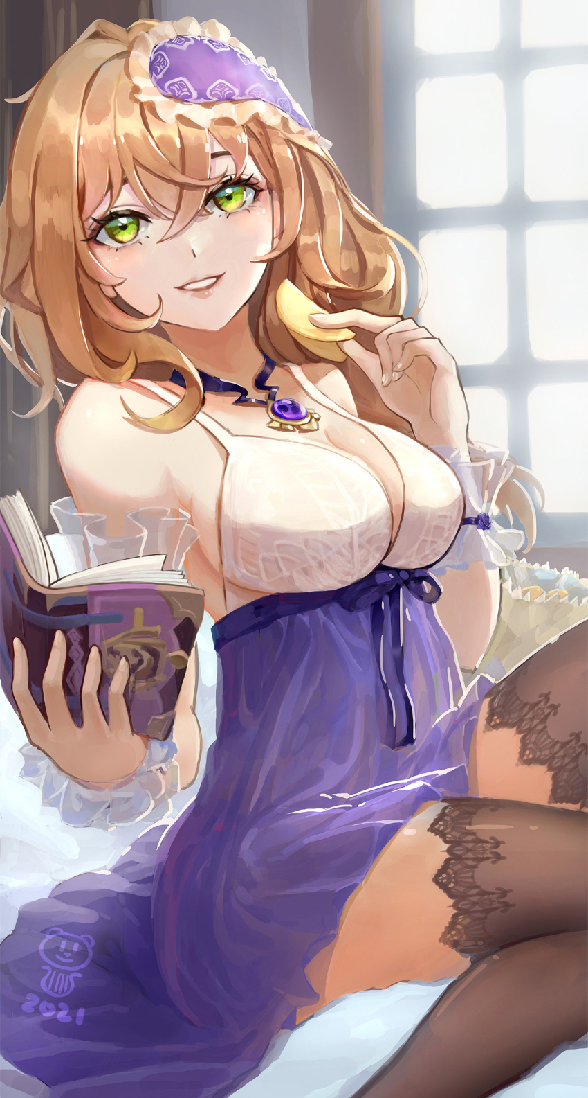 1girl, bare_shoulders, bear_minstrel, black_thighhighs, book, breasts, brown_hair, cleavage, dress, food, genshin_impact, green_eyes, highres, holding, holding_book, holding_food, large_breasts, lisa_(genshin_impact), long_hair, looking_at_viewer, necktie, purple_dress, sitting, smile, solo, thighhighs, window