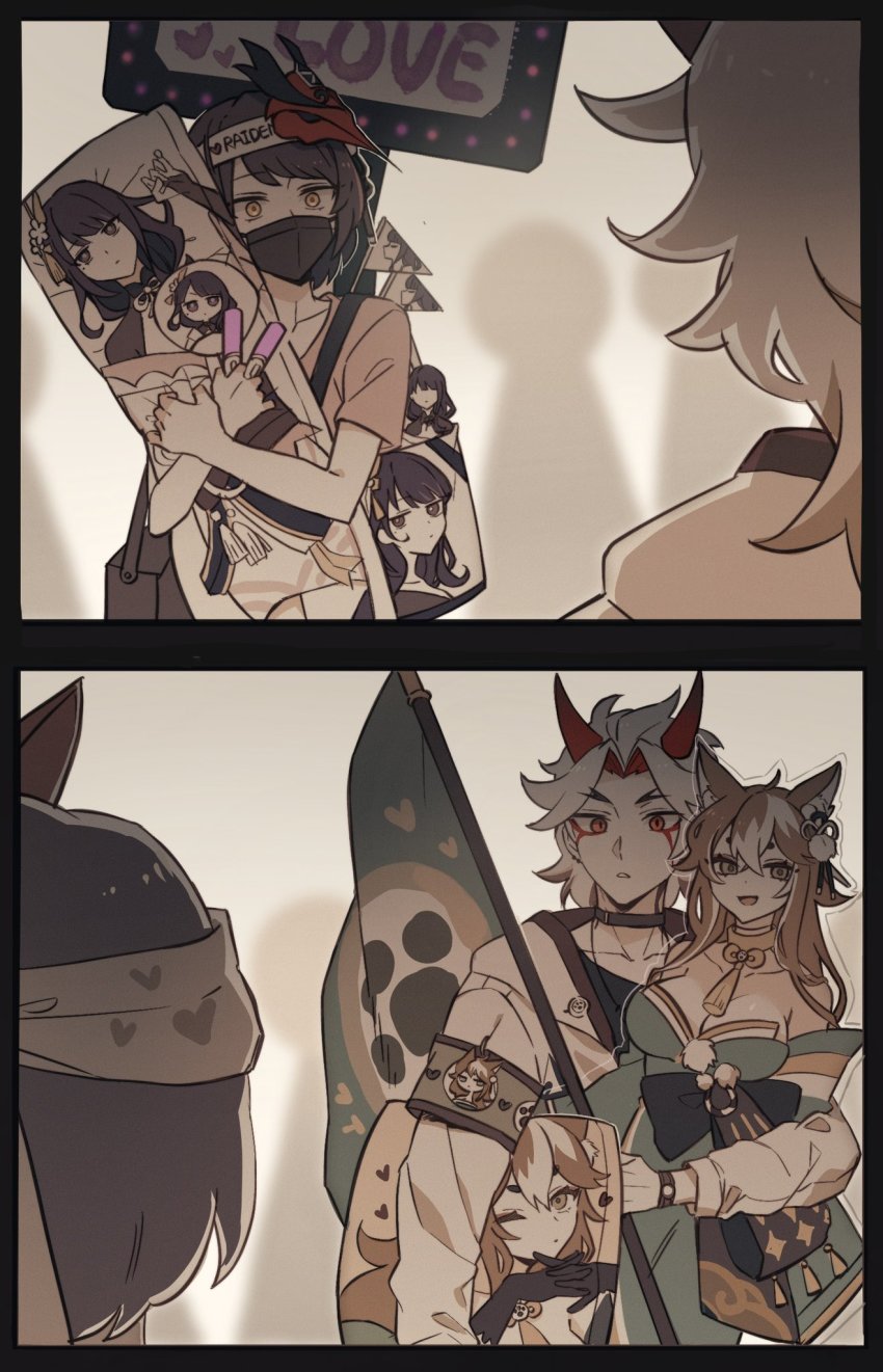 1girl, animal_ears, arataki_itto, bird_mask, body_markings, choker, dakimakura_(object), dog_ears, genshin_impact, green_kimono, hair_ornament, highres, hina_(genshin_impact), horns, japanese_clothes, kackaorz1, kimono, kujou_sara, mask, mask_on_head, nail_polish, obi, oni, oni_horns, paintbrush, pillow, pom_pom_(clothes), pom_pom_hair_ornament, purple_nails, raiden_shogun, red_eyes, red_horns, sash, silver_hair, spiked_choker, spikes, yellow_eyes