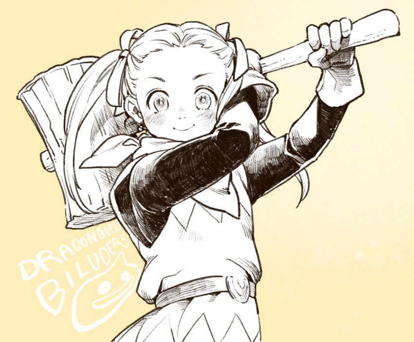 1girl, belt, closed_mouth, dragon_quest, dragon_quest_builders_2, dress, earrings, female_builder_(dqb2), gloves, greyscale, hammer, jewelry, long_hair, looking_at_viewer, monochrome, natsuo_(hatohaco), simple_background, slime_(dragon_quest), smile, solo, twintails