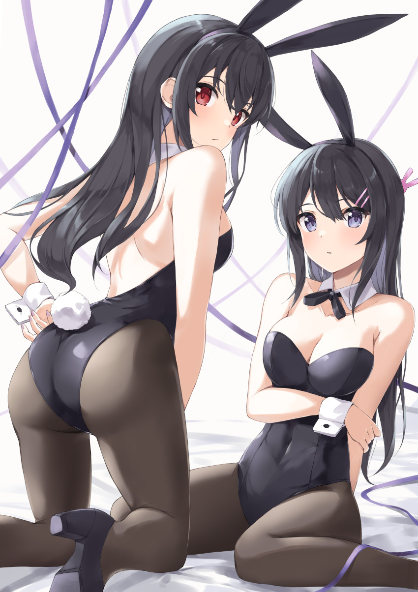 2girls, absurdres, adjusting_clothes, animal_ears, arm_around_another's_waist, arm_behind_back, ass, back