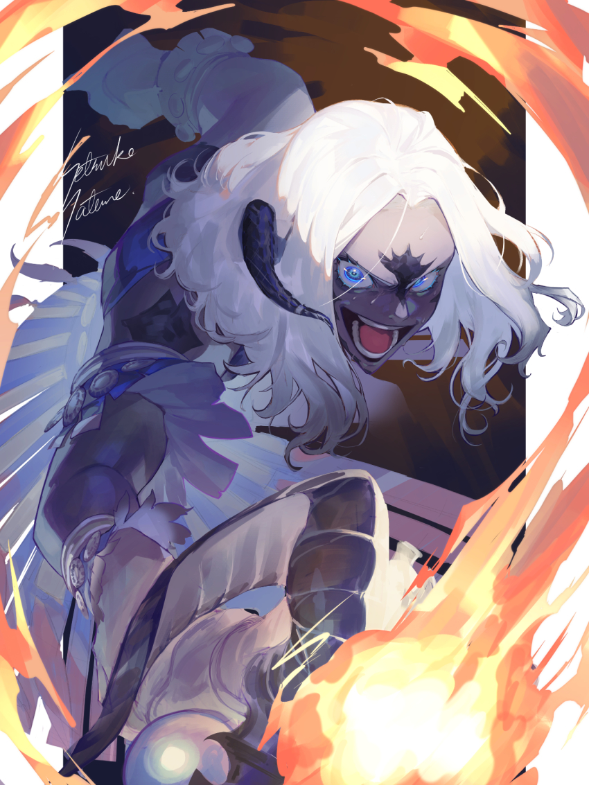 >:), 1girl, arm_cuffs, artist_name, au_ra, blue_eyes, blue_skin, colored_skin, commentary_request, constricted_pupils, crazy_eyes, dragon_horns, final_fantasy, final_fantasy_xiv, fire, highres, holding, holding_staff, horns, long_hair, looking_ahead, looking_at_viewer, open_mouth, outstretched_arms, sadu_dotharl, satome_setsuko, scales, solo, staff, swinging, teeth, upper_body, v-shaped_eyebrows, wavy_hair, white_hair, wrist_cuffs