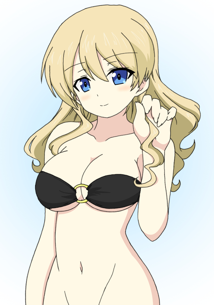 1girl, alternate_hairstyle, bare_shoulders, bikini, black_bikini, blonde_hair, blue_eyes, blush