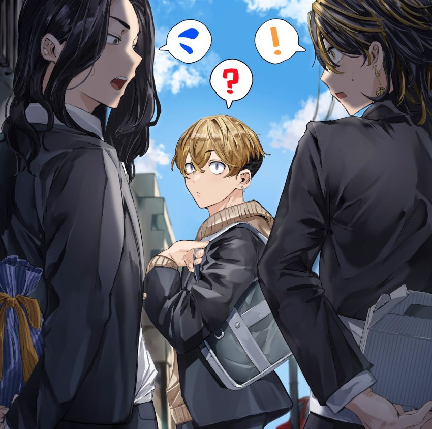 !, 3boys, ?, bag, baji_keisuke, bell, black_eyes, black_hair