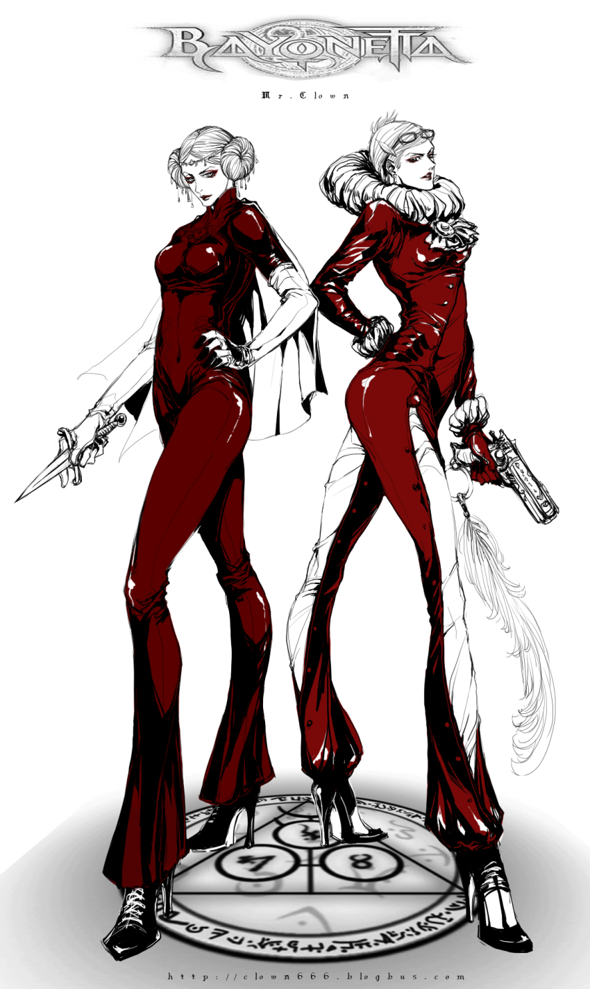 1girl, bad_id, bad_pixiv_id, bayonetta, bayonetta_(series), bayonetta_1, bodysuit, clown666, double_bun, eyeshadow, female_focus, glasses, gloves, gun, hair_bun, handgun, high_heels, highres, jeanne_(bayonetta), kid666, knife, magic_circle, makeup, no_bangs, pistol, shoes, short_hair, weapon, white_hair