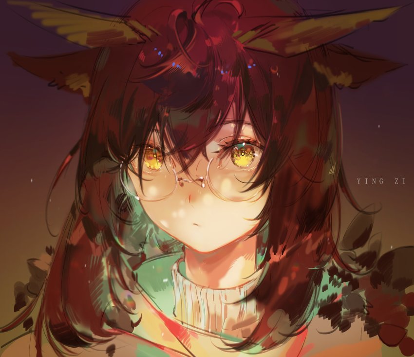 1girl, arknights, artist_name, brown_hair, closed_mouth, feather_hair, glasses, gradient_background, hair_between_eyes, highres, medium_hair, portrait, round_eyewear, silence_(arknights), solo, turtleneck, yellow_eyes, yingzi