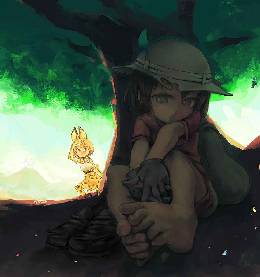 2girls, :d, :o, animal_ears, animal_print, bare_legs, barefoot, black_gloves