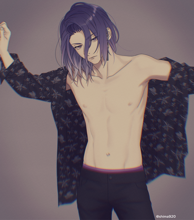 1boy, black_pants, black_shirt, blurry, bremen_(asmr), closed_mouth, collarbone, commentary, depth_of_field, dressing, fingernails, floral_print, hair_between_eyes, hand_up, inui_ritsu, long_sleeves, looking_at_viewer, male_focus, male_underwear, male_underwear_peek, mashima_shima, medium_hair, navel, nipples, pants, print_shirt, purple_eyes, purple_hair, purple_male_underwear, shirt, solo, standing, toned, toned_male, topless_male, twitter_username, underwear