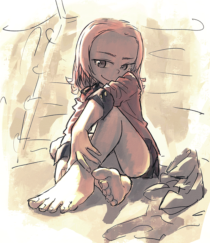 1girl, barefoot, feet, foot_focus, girls_und_panzer, grey_eyes, jacket, looking_at_viewer