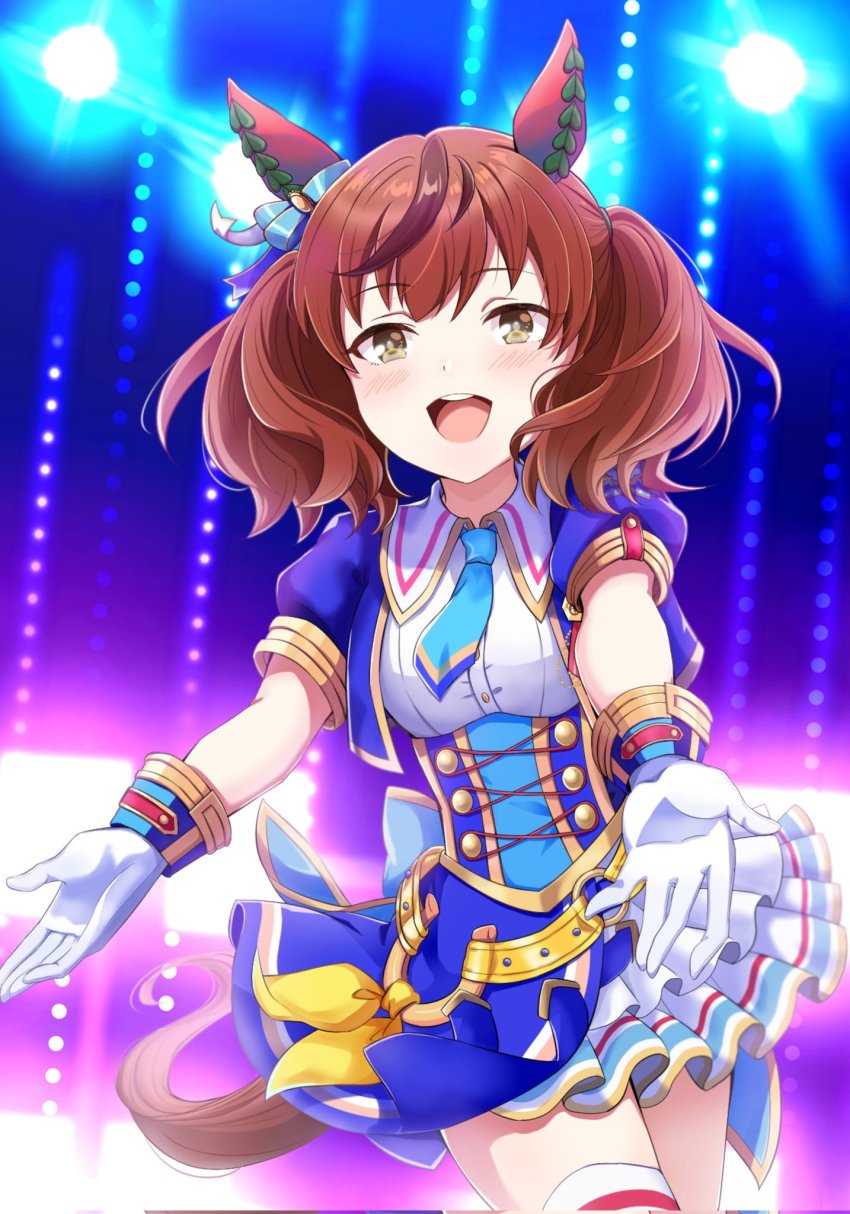 1girl, :d, animal_ears, blue_bow, blue_bowtie, blue_dress, blue_jacket, blue_necktie, blush, bow, bowtie, brown_eyes, brown_hair, collared_dress, commentary, cowboy_shot, cropped_jacket, dress, ear_bow, ear_covers, gloves, hair_tie, half-closed_eyes, highres, horse_ears, horse_girl, horse_tail, idol, jacket, kuon_kimi, layered_dress, looking_at_viewer, medium_hair, multicolored_hair, necktie, nice_nature_(umamusume), open_mouth, puffy_short_sleeves, puffy_sleeves, reaching, reaching_towards_viewer, short_sleeves, smile, solo, spotlight, standing, streaked_hair, tail, thighhighs, twintails, umamusume, white_gloves