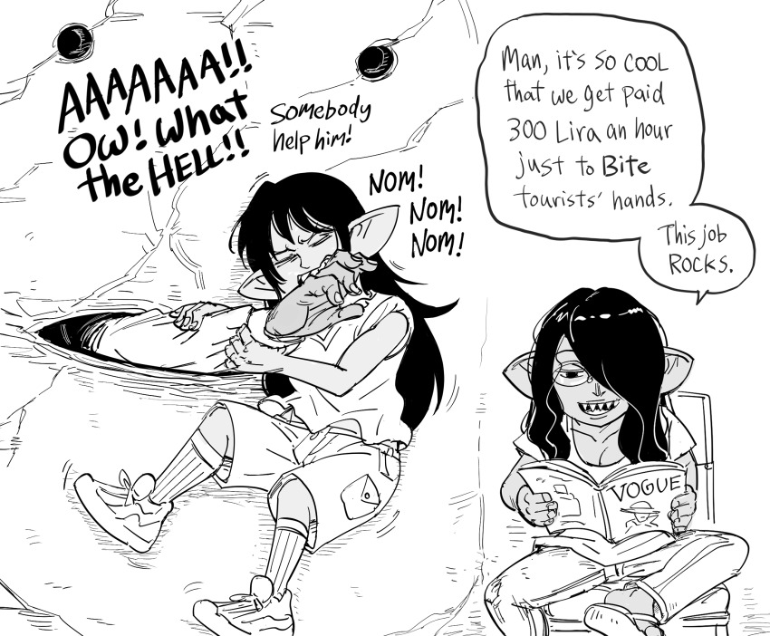 2girls, :d, bb_(baalbuddy), biting, biting_another's_hand, biting_hand, bocca_della_verita, chair, closed_eyes, commentary, dark-skinned_female, dark_skin, english_commentary, english_text, female_goblin, glasses, goblin, greyscale, hair_over_one_eye, highres, monochrome, multiple_girls, on_chair, one_eye_covered, open_mouth, original, parody, pointy_ears, reading, roman_holiday, sharp_teeth, shirt, sitting, smile, teeth, vogue_(magazine)