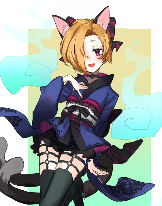 1girl, a_ichi, animal_ears, black_boots, black_thighhighs, blue_kimono, boots, border, cat_ears, cat_tail, fang, gradient_background, green_background, hand_on_own_chest, hitodama, idolmaster, idolmaster_cinderella_girls, japanese_clothes, kimono, looking_at_viewer, nail_polish, purple_eyes, shirasaka_koume, solo, tail, thighhighs, white_border, yellow_background