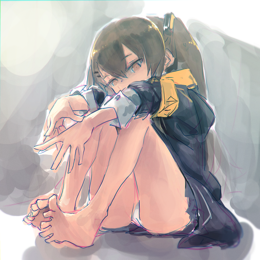 1girl, armband, barefoot, black_jacket, black_skirt, brown_eyes, brown_hair, feet