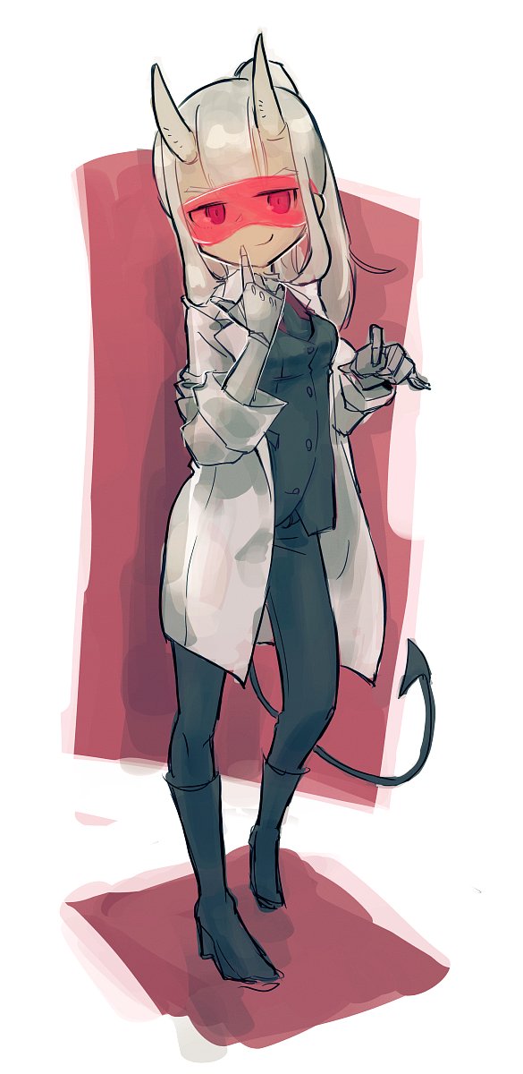 1girl, black_boots, black_pants, black_vest, boots, demon_girl, demon_horns, demon_tail