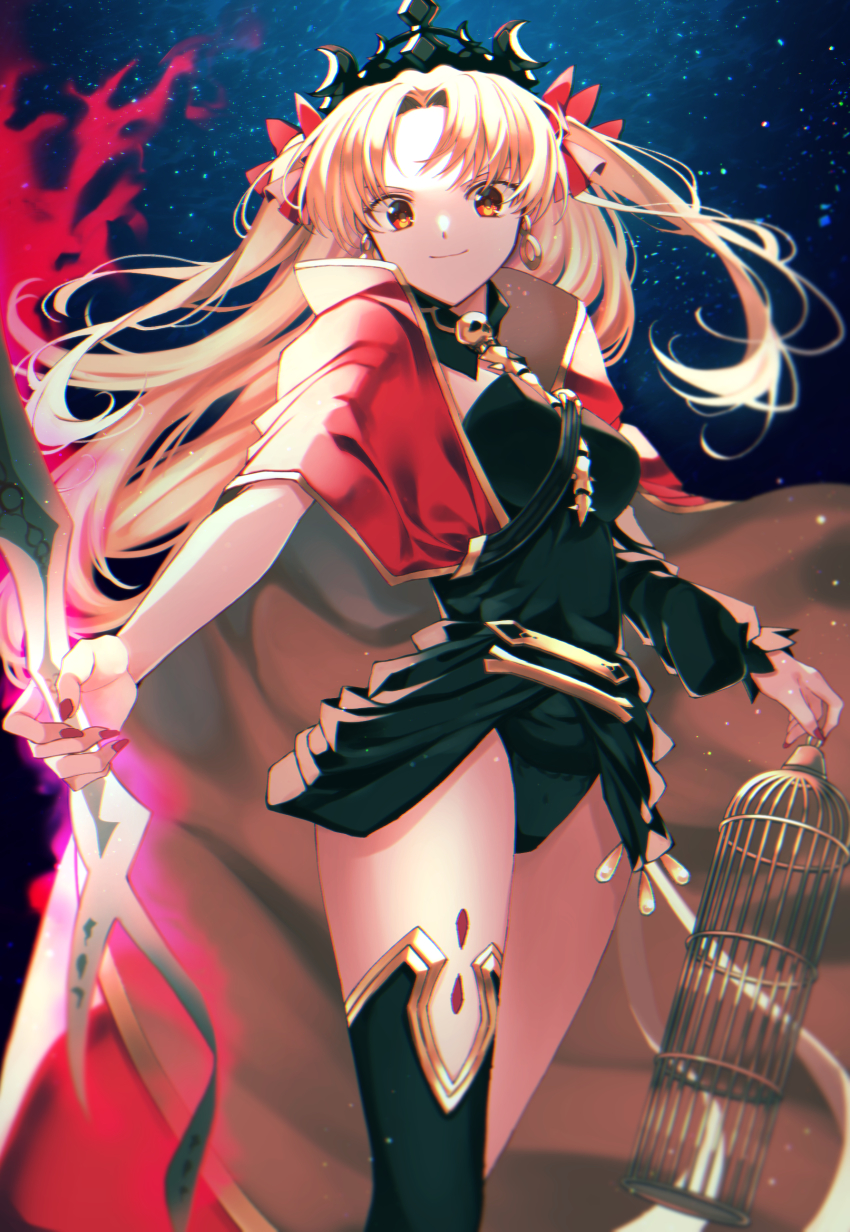 1girl, absurdres, black_background, blonde_hair, breasts, cloak, earrings, ereshkigal_(fate)