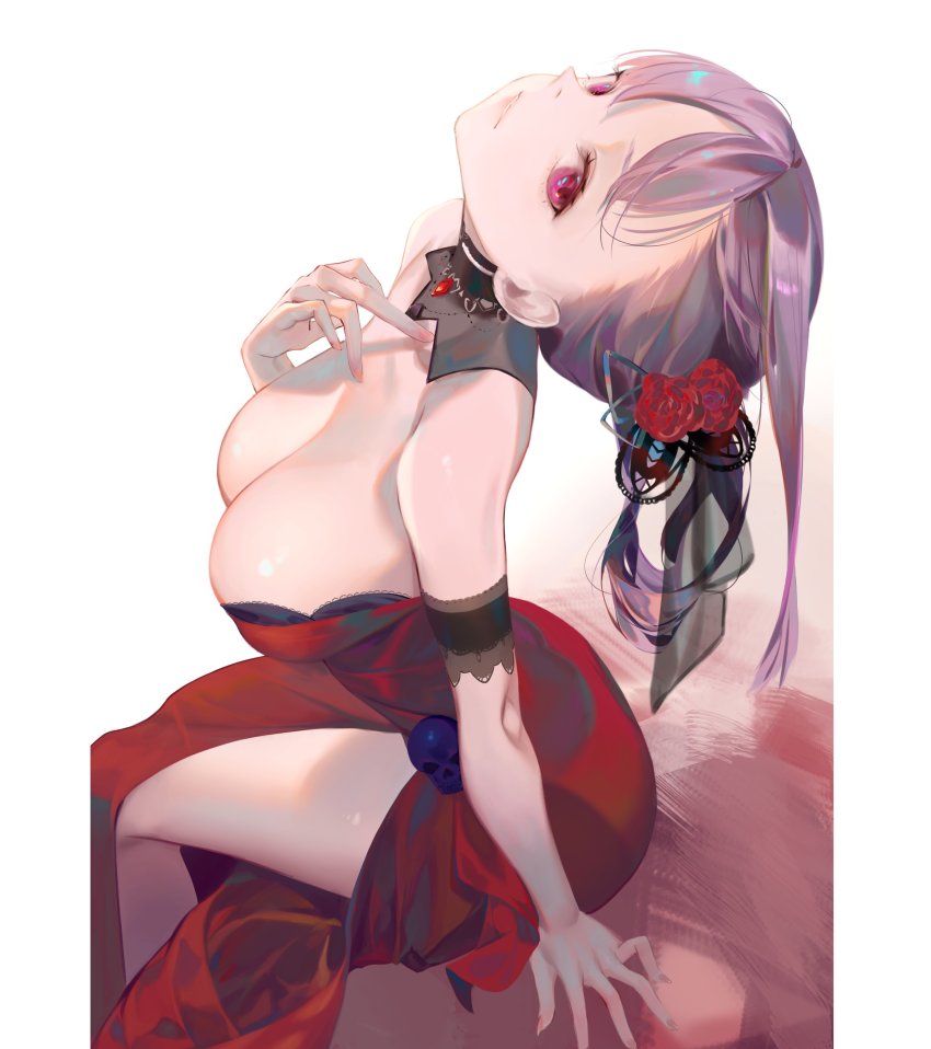 1girl, absurdres, arm_support, breasts, cleavage, flower, highres, hololive