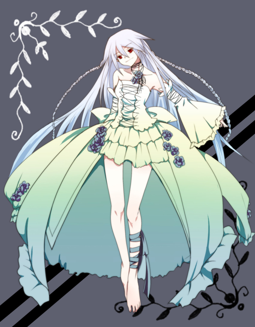 00s, barefoot, braid, feet, flat_chest, flower, gradient_hair, highres, long_hair, mini_style_gown, multicolored_hair, pandora_hearts, rass, red_eyes, ribbon, smile, solo, very_long_hair, white_hair, will_of_the_abyss