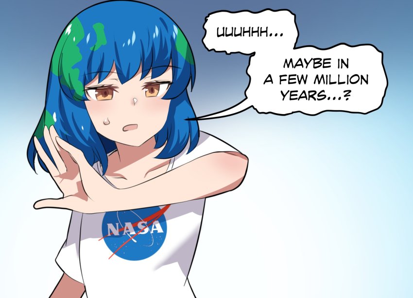 1girl, blue_hair, blush, breasts, brown_eyes, collarbone, commentary, earth-chan