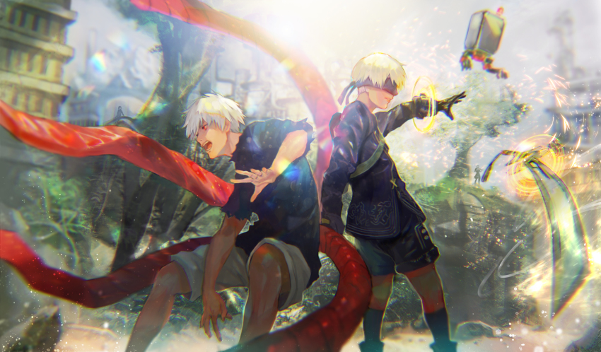 2b_(nier:automata), 2boys, 9s_(nier:automata), black_gloves, blindfold, boots, choker, commentary_request