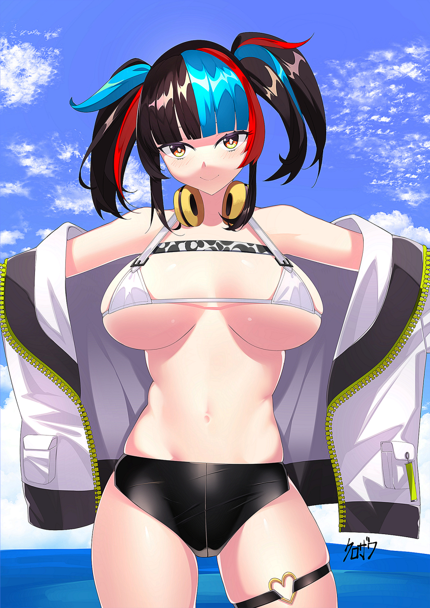 1girl, badge, bare_shoulders, bikini, black_hair, black_shorts, blue_hair, blue_sky