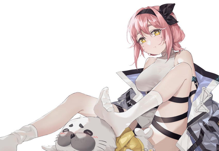 1girl, absurdres, arknights, black_hairband, breasts, coat, covering_privates, dorsiflexion, dress, facial_mark, feet, female_focus, foot_focus, foot_on_another's_head, grey_coat, hairband, highres, large_breasts, leg_wrap, lingyu_ovo, looking_at_viewer, medium_hair, no_shoes, pudding_(arknights), sitting, socks, solo, stuffed_animal, stuffed_seal, stuffed_toy, toe-point, toes, turtleneck, turtleneck_dress, whisker_markings, white_dress, white_socks, yellow_eyes