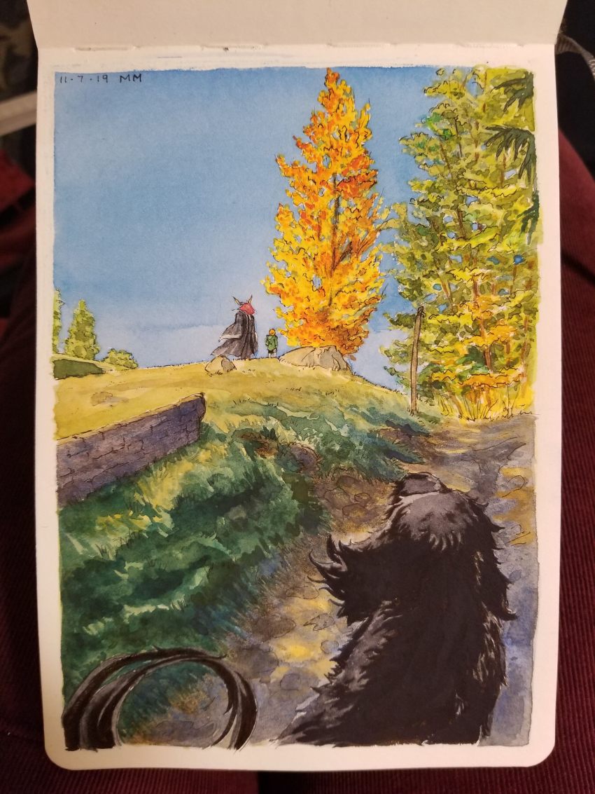 1boy, 1girl, absurdres, black_dog, black_fur, black_robe, black_skirt, blue_sky, bush, dated, dog, elias_ainsworth, falling_leaves, from_behind, grass, green_jacket, hatori_chise, highres, horns, initial, jacket, leaf, mahou_tsukai_no_yome, merideth_mulroney, orange_hair, painting_(medium), path, photo_(medium), pole, road, robe, rock, rotated, ruth_(mahou_tsukai_no_yome), sketchbook, skirt, sky, stone_wall, third-party_edit, traditional_media, tree, wall, watercolor_(medium)