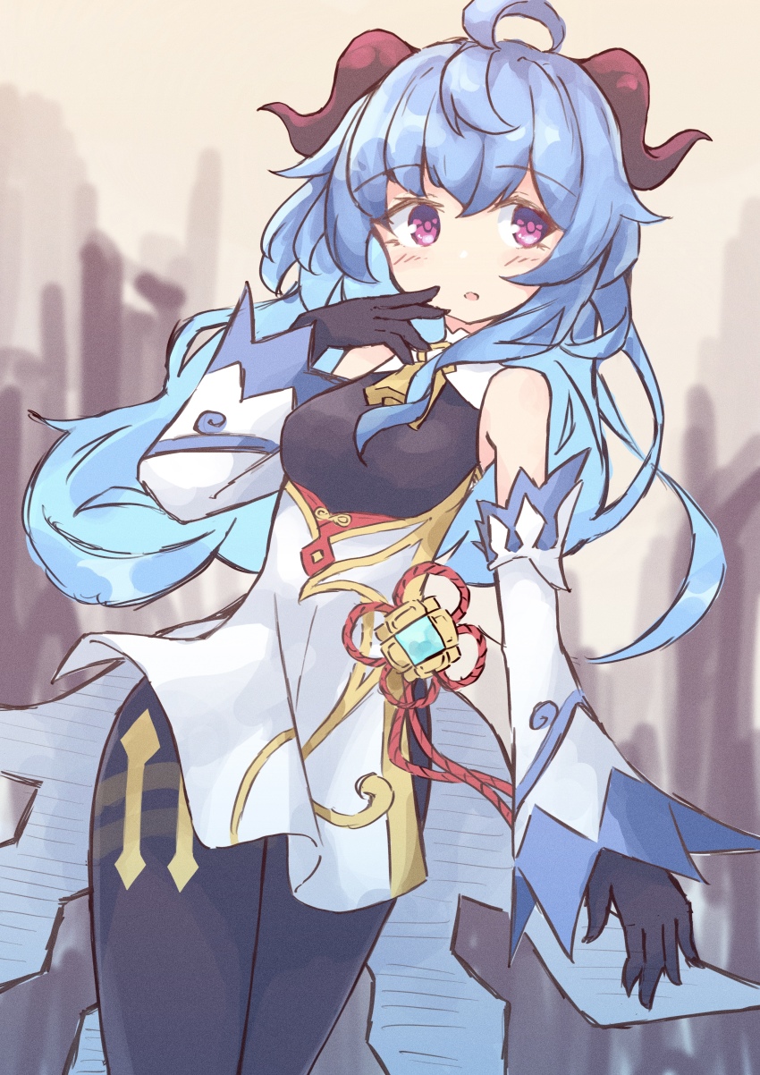 1girl, absurdres, ahoge, bare_shoulders, bell, black_bodysuit, black_gloves, blue_hair