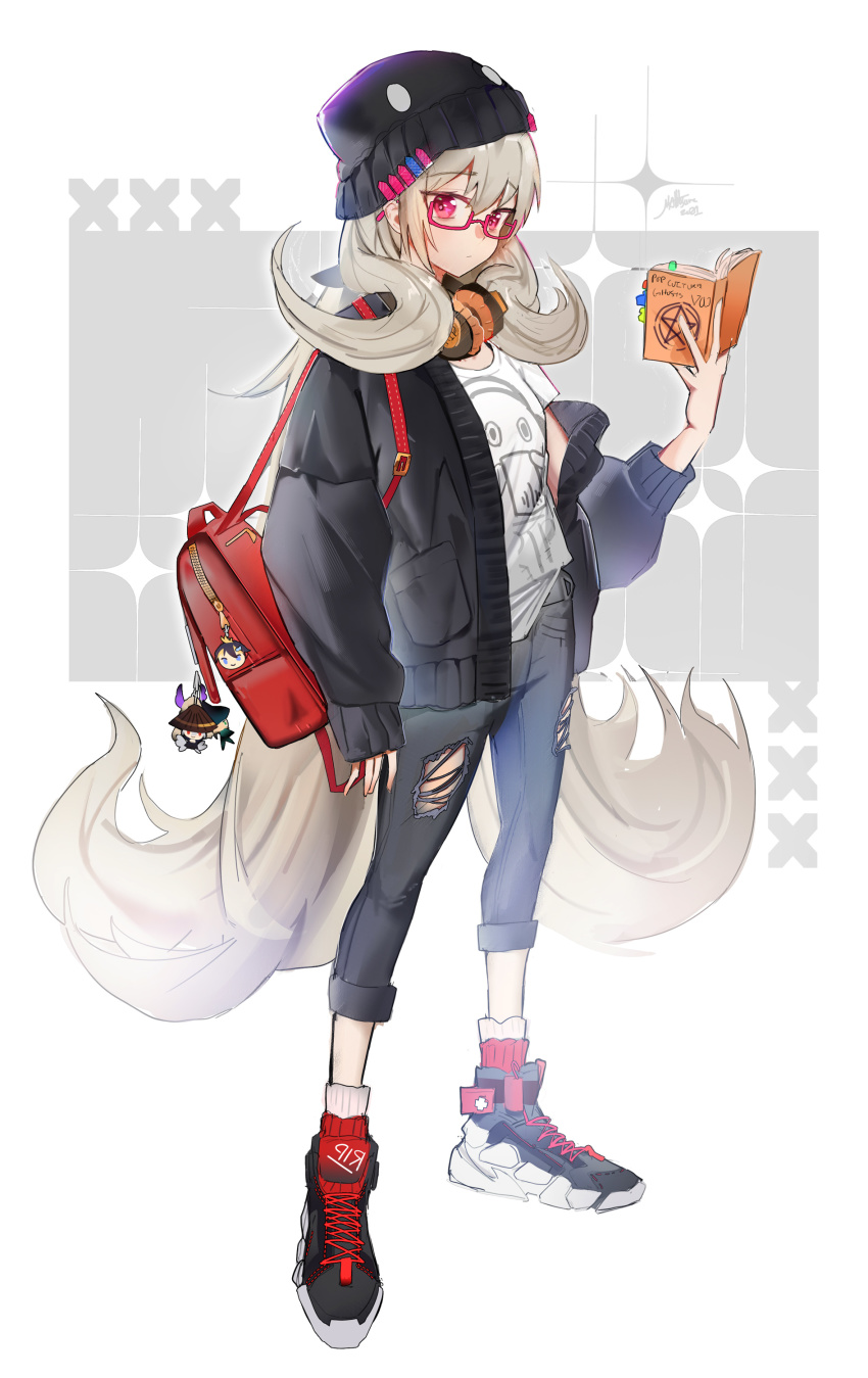 1girl, absurdres, alternate_costume, backpack, bag, beanie, black_hat, black_jacket