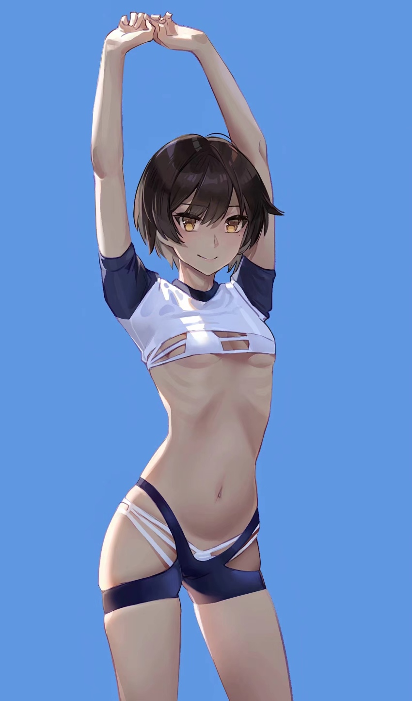 1girl, absurdres, arm_support, bikini, blue_background, breasts, brown_hair, cameltoe, closed_mouth, commentary_request, cowboy_shot, dark-skinned_female, dark_skin, highres, kuza_brs, looking_at_viewer, navel, original, own_hands_together, ribs, short_hair, short_sleeves, shrug_(clothing), simple_background, small_breasts, smile, solo, standing, stomach, swimsuit, tomboy, white_bikini, yellow_eyes