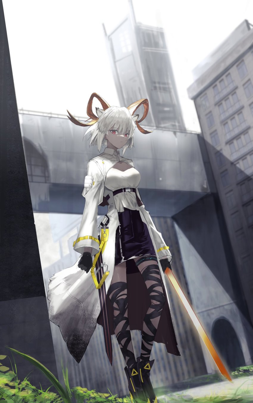 1girl, animal_ears, ankle_boots, arknights, bandaged_leg, bandages, black_boots, black_gloves