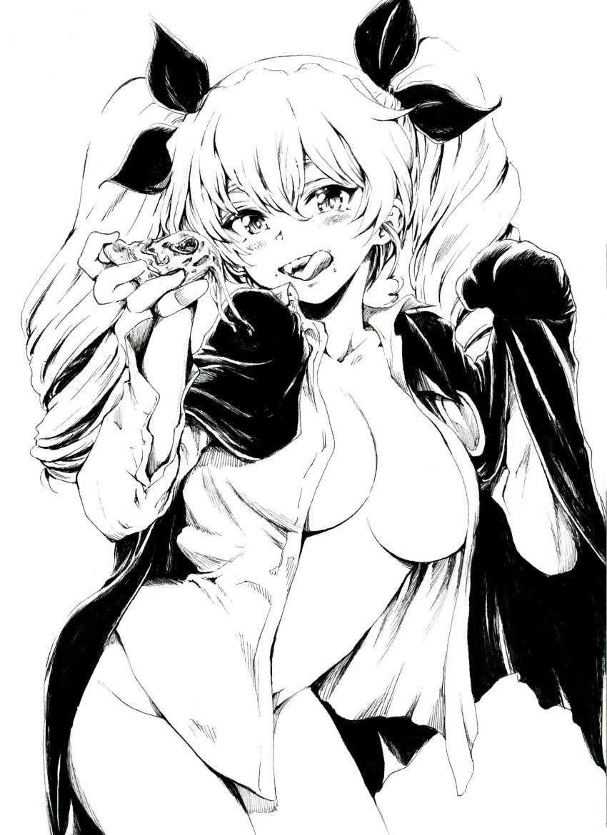 1girl, anchovy_(girls_und_panzer), cape, cheese, cheese_trail, drill_hair, food, girls_und_panzer