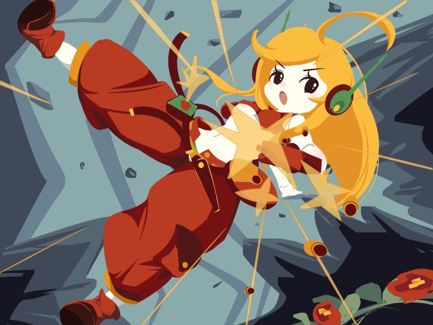 1girl, black_eyes, blonde_hair, breasts, colored_skin, crop_top, curly_brace, doukutsu_monogatari, firing, gun, headset, highres, holding, holding_gun, holding_weapon, humanoid_robot, long_hair, looking_at_viewer, mao_jing, medium_breasts, navel, open_mouth, pants, red_footwear, red_pants, robot, underboob, weapon, white_skin