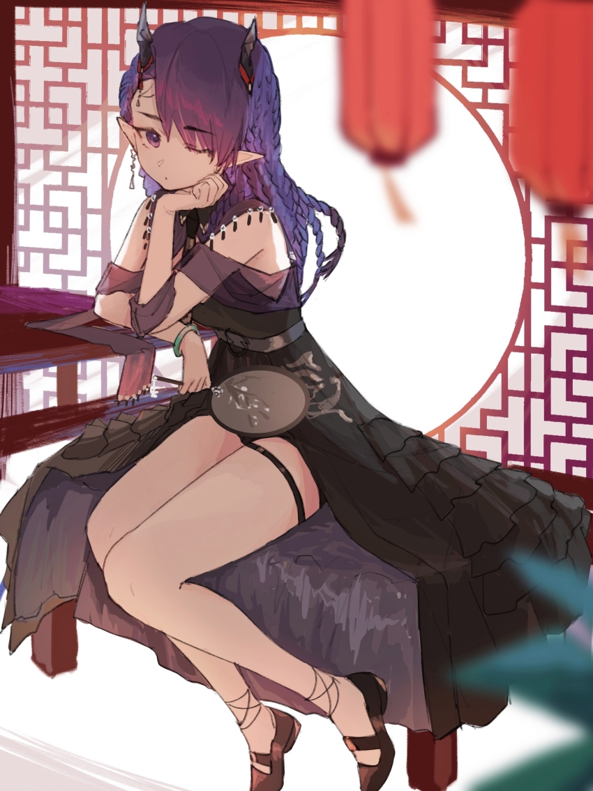 1girl, absurdres, arknights, bare_shoulders, black_dress, black_footwear, blurry, blurry_foreground