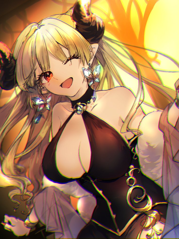 1girl, alba_(granblue_fantasy), arumu, bare_shoulders, black_dress, blonde_hair, breasts, butterfly_earrings