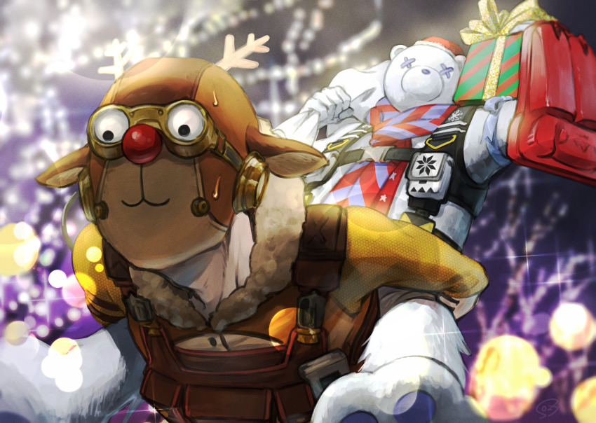 2boys, absurdres, animal_costume, antlers, apex_legends, bag, bear_costume, blurry