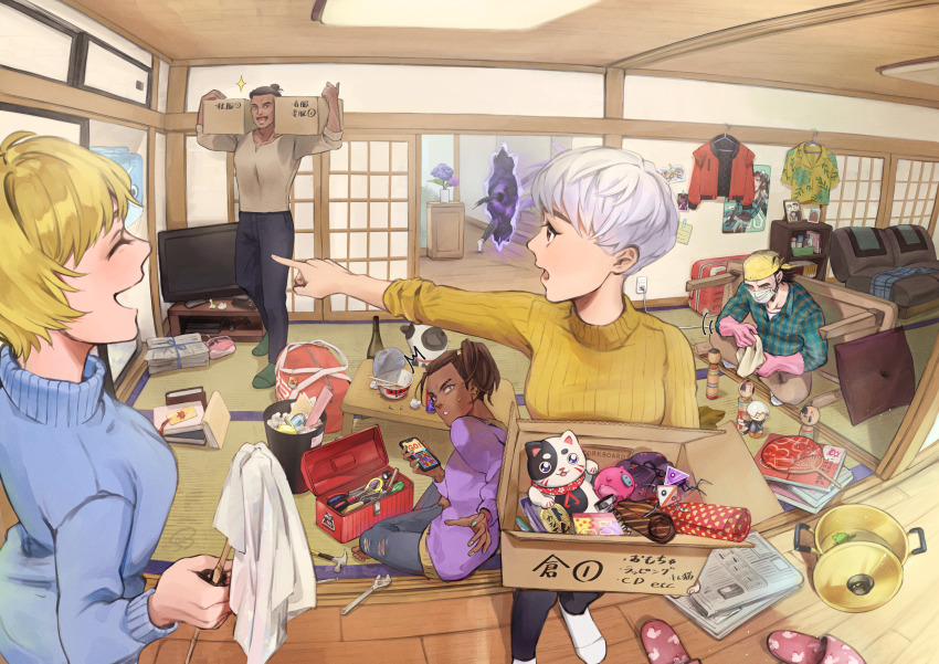 2boys, 4girls, absurdres, apex_legends, black_pants, bossan_3310, box, breasts