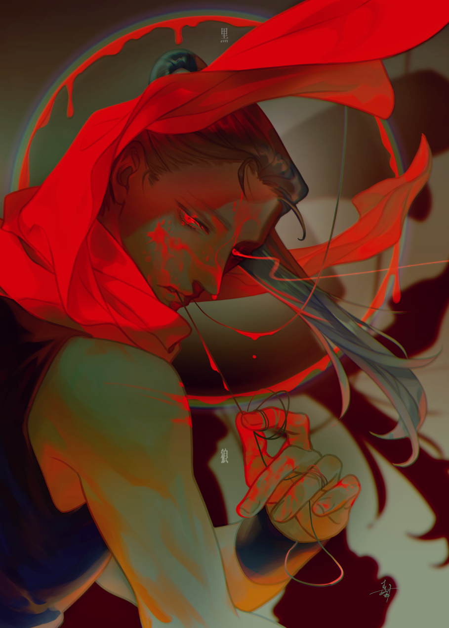 1boy, bare_shoulders, black_hair, blood, blood_on_face, blood_on_hands, circle, closed_mouth, floating_hair, floating_scarf, hair_pulled_back, high_ponytail, highres, holding, kou_shouka, light_trail, long_hair, looking_at_viewer, male_focus, mouth_hold, mushiaki_mushikera, ponytail, red_eyes, red_scarf, saiunkoku_monogatari, scarf, sleeveless, solo, string, upper_body, weapon, wristband, aged_down