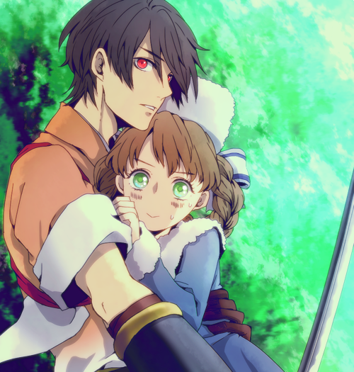 1boy, 1girl, anastasia_(shadow_hearts), braid, brown_hair, chiru_(sanifani), closed_mouth, dress